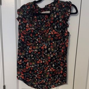 LOFT Black Floral Ruffle-Sleeve Blouse